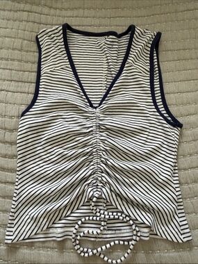Anthropologie Striped Ruched Drawstring Tank Top - Navy & White